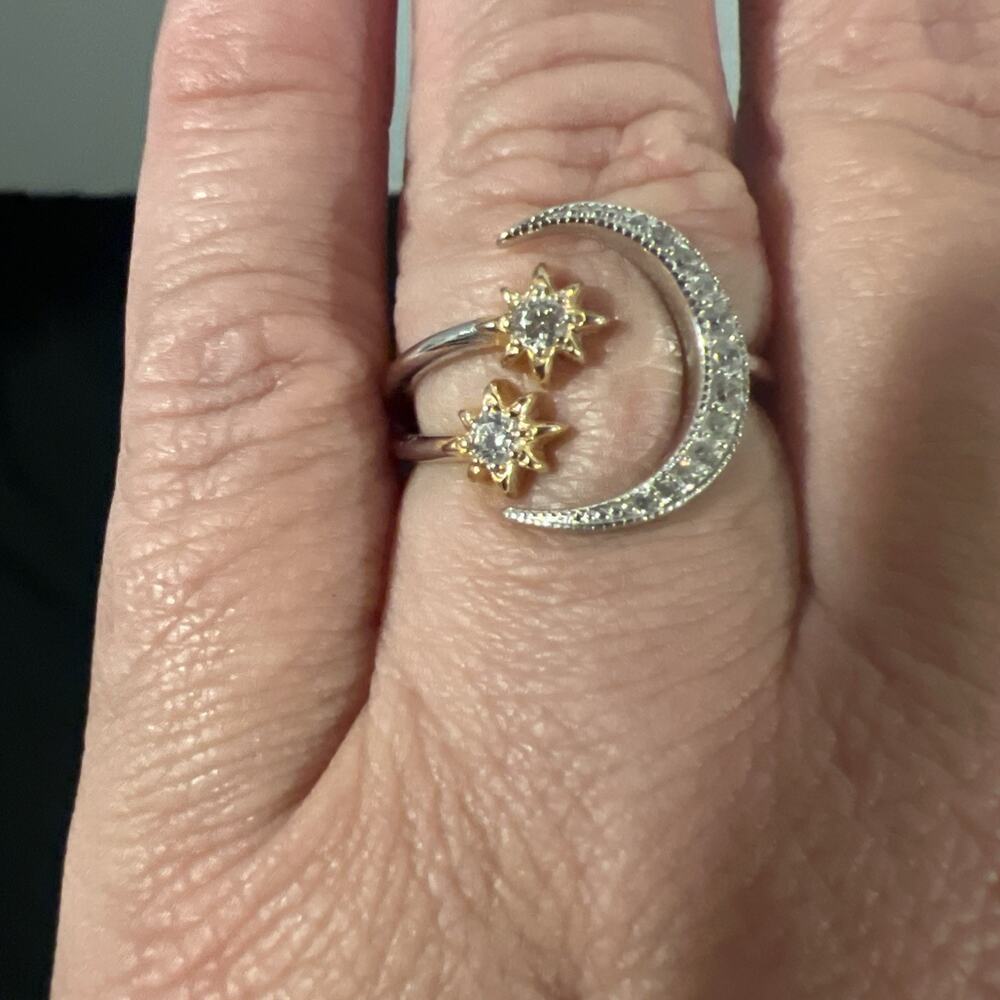 Sterling Silver Crescent Moon & Star Ring Size 8